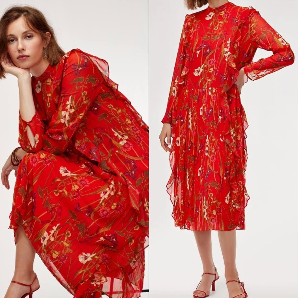 Little Moon Aritzia Red Floral Orchid Midi Dress Ruffle Pleated Size Small
